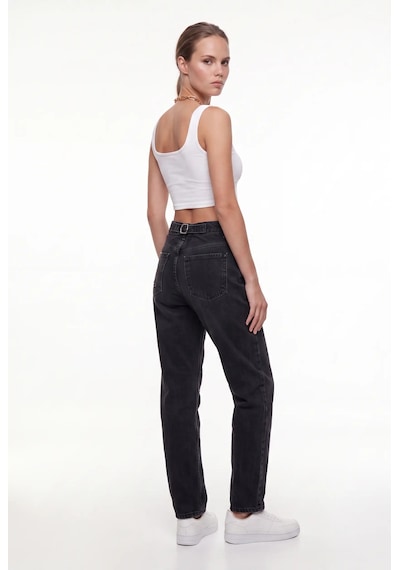 CEMO Kadın Yüksek Bel Mom Fit Jean Pantolon Siyah