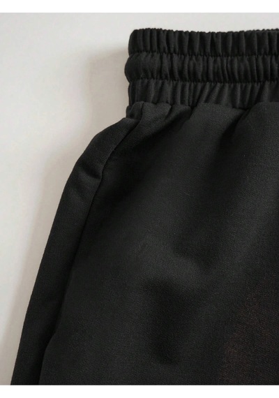 Bear Print Drawstring Waist Şort Siyah