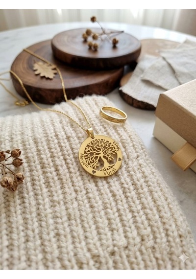 925 Ayar Gümüş Altın İşçilik Kişiye Özel İsimli Tuğba Hayat Ağacı Aile Kolye.rose.gold.rodaj