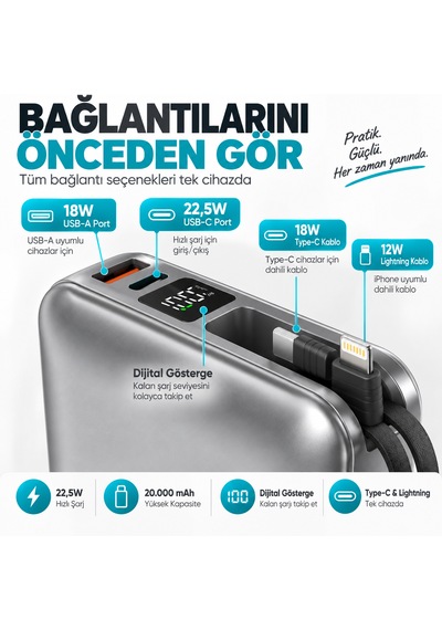 Xcharge 20000 Mah 22.5w Hızlı Şarj Powerbank Kendinden Kablolu Type-c Lightning Gümüş