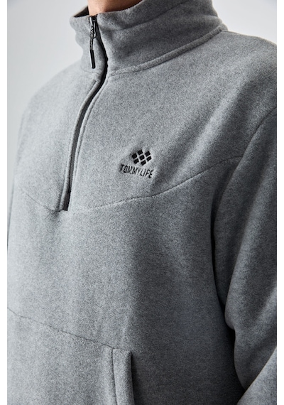 Tommy Life Gri Melanj Yarım Fermuar Dik Yaka Lastik Paça Polar Erkek Eşofman Takımı - 85159 GRİ MELANJ