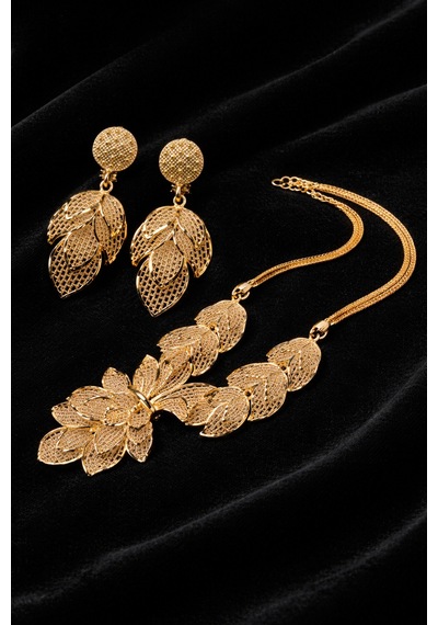 Gold Leaf Kadın Kolye Küpe Set Zarif Yaprak Desenli, Gösterişli, Şık Abiye & Özel Gün Takı Seti Altın