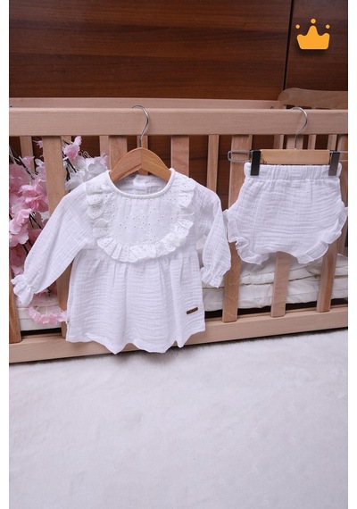 Babyhola Kız Bebek Çocuk Yazlık Elbise Müslin Önlüklü Şortlu Takım 22410 Beyaz