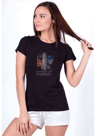 Warcraft Two Worlds One Home Baskılı Siyah Kadın Tshirt