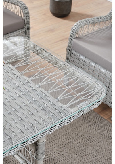 Paris Rattan Puflu Bahçe Balkon Takımı 3+1+1 Cam Masalı Gri