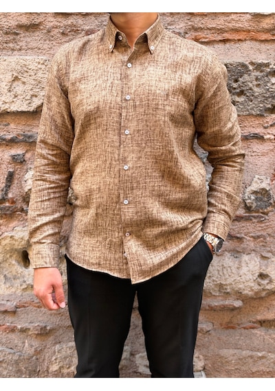 Slim Fit Uzun Kol Müslin Dijital Baskılı Hediye Kutulu Erkek Gömlek Fs-004599 - Kahverengi-3363