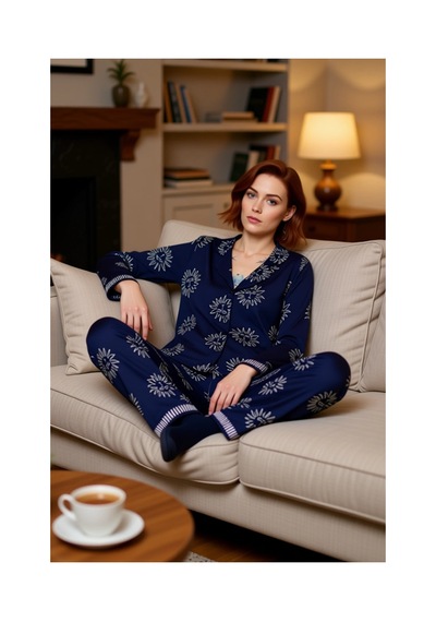 Ersefa Kadın Güneş Baskılı Gömlek Ve Pantolon Pijama Takımı Fonksiyonel lacivert