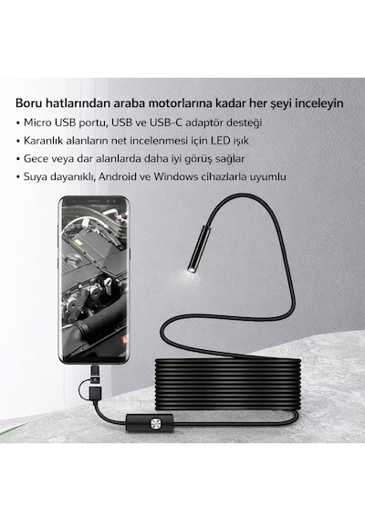 10 Metre Endoskop Kamera Su Geçirmez Led Işıklı Boroskop Yılan Kamera Android Uyumlu Micro+usb+type-c