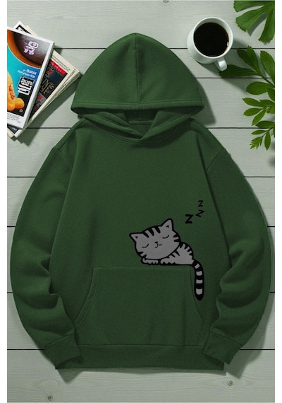 Uyguntarz Unisex Uyuyan Kedi Baskılı Kapüşonlu Sweatshirt Yeşil