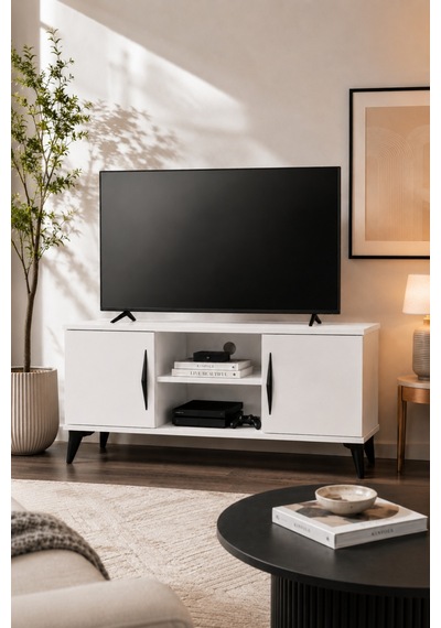 Vermo Tv Sehpası Tv Ünitesi Televizyon Sehpası Beyaz 110 Cm Beyaz