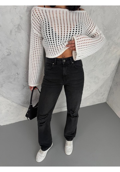 Kadın Straight Jean Yırtık Detaylı Ara Bel Boru Paça Kot Pantolon Füme Siyah+füme