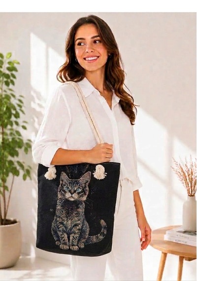 Genel Markalar Goblen Kadın Omuz Çantası+ Kedi Desen3 Krem.karışık Renkli Desenli