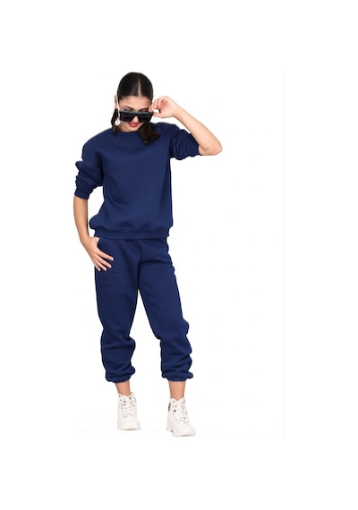 Erdem Kıds Unisex Kız-erkek Çocuk Paçası Lastikli 3 İplik Şardonlu Pamuklu Basic Bisiklet Yaka Okul Eşofman Takımı Lacivert Lacivert