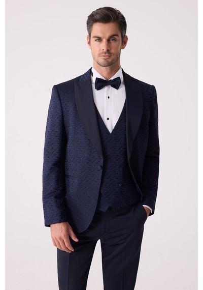 Ysf Erkek Lacivert Damatlık Slim Fit Kırlangıç Yaka Desenli