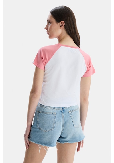 Ucla Carolına Pembe Bisiklet Yaka Baskılı Standard Fit Kadın Tshirt Pembe