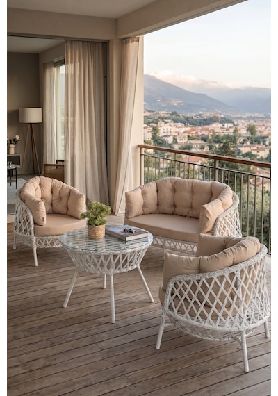 Viola Serisi 1. Sınıf 2+1+1 Beyaz Rattan Cappucino Minder Bahçe Balkon Oturma Koltuk Takımı Viola Serisi 1. Sınıf 2+1+1 Beyaz Rattan Cappucino Minder Bahçe Balkon Oturma Koltuk Takımı