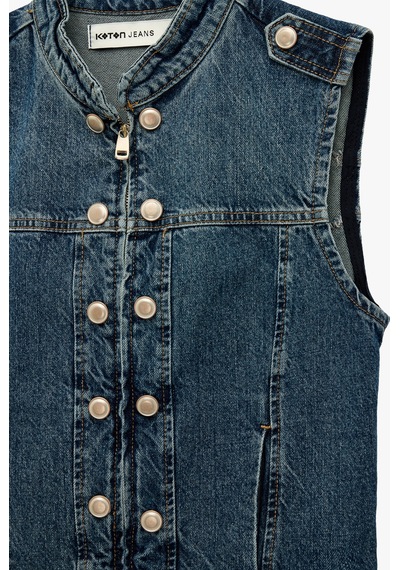 Koton Pamuklu Cepli Yuvarlak Yaka Kolsuz Denim Military Yelek Orta İndigo 7wal20008md