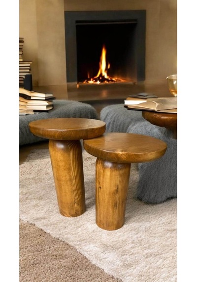 Wood Ahşap 2 Li Set Mantar Tik Ağacı Renk Yan Sehpa Modern Fiskos / Çiçeklik / Zigon Kahverengi