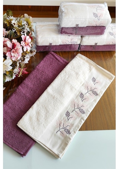 Nurpak Çeyizlik 2.li Set Lüks 50x90cm. %100 Pamuk El,yüz Havlusu Özel Hediyelik Ambalajda Mürdüm