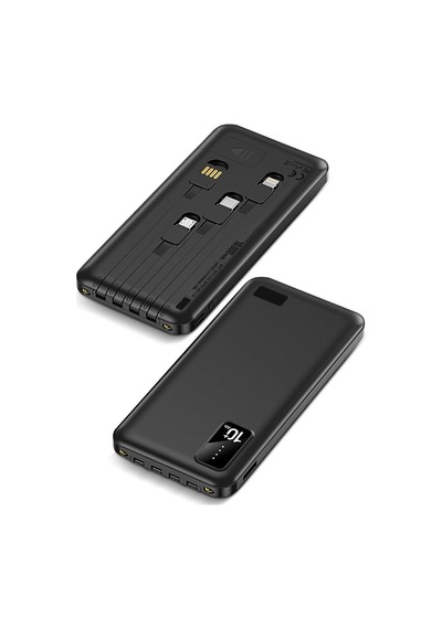 10000mah Powerbank Kendinden Kablolu Led Işıklı Taşınabilir Şarj Aleti Telefon Standlı Siyah