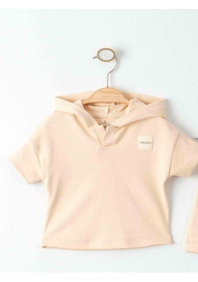 Zekids Bebek Organik Pamuklu Basic Kapüşonlu Tshirt Şortlu Takım-15908 Bej