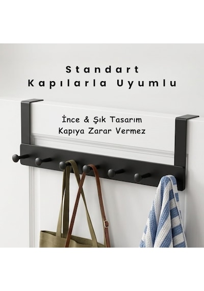 Metal Mat Siyah Kapı Arkası Askılık 7 Kancalı Amerikan Tipi Organizer Askı, Banyo Ve Oda Kapıları İçin Pra Diğer