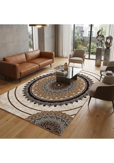 Kahverengi Bej Tonlarda Mandala Desenli Dijital Baskılı Kaymaz Tabanlı Halı Dijital Baskı Halı 7 Mm