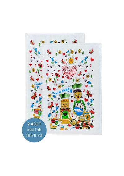 2li Paket Baskılı Beyaz Mutfak Havlusu Modeli Canım Annem