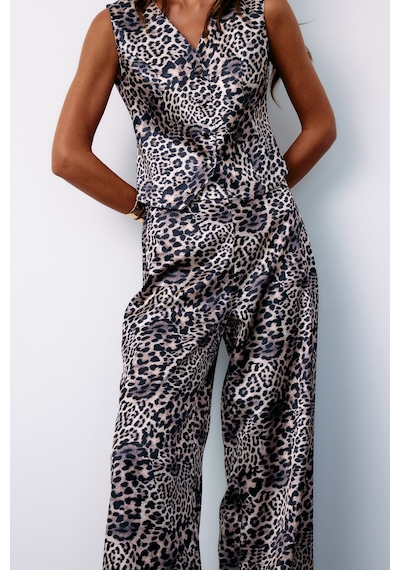 Sateen Kruvaze Leopar Saten Yelek - Gri-135187 Gri