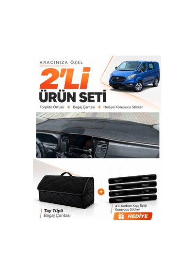 Ford Transit Custom 2016-2024 Uyumlu Torpido Örtüsü + Tay Tüyü Bagaj Çantası Seti - Siyah