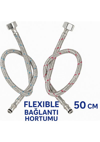 2'li Set 50 Cm Paslanmaz Çelik Batarya Flexi Hortumu Sızdırma