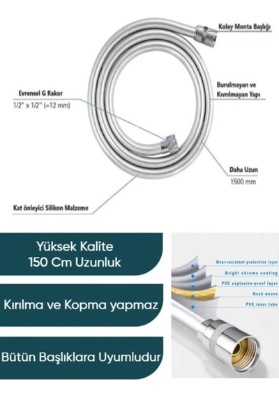 Gümüş Gri Paslanmaz Kopmaz Kaliteli Pvc Duş Hortumu Tüm Duş Setleri Ile Uyumlu 1,5 Metre Gri Pvc-pol Diğer