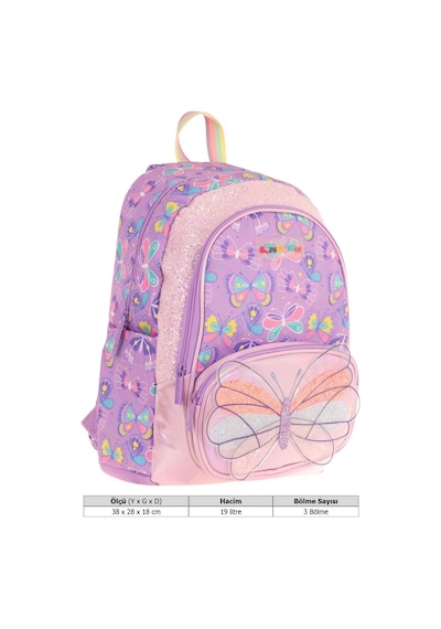 Kaukko Kids Üç Gözlü Kız Çocuk Okul Sırt Çantası Nakışlı Kelebek Desenli - L5222 Mor