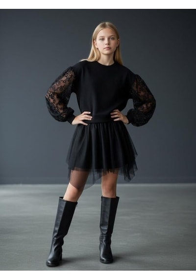 Kız Çocuk Kolları Tül Detaylı Tasarım Sweatshirt-16551 Siyah