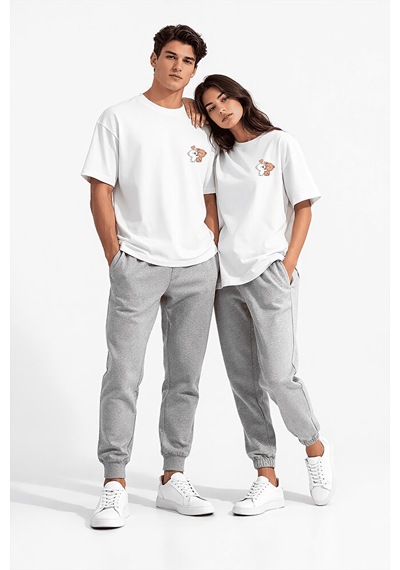 Sevgili Kombini Ayıcık Baskılı Çift Tişört Oversize Unisex Partne Beyaz