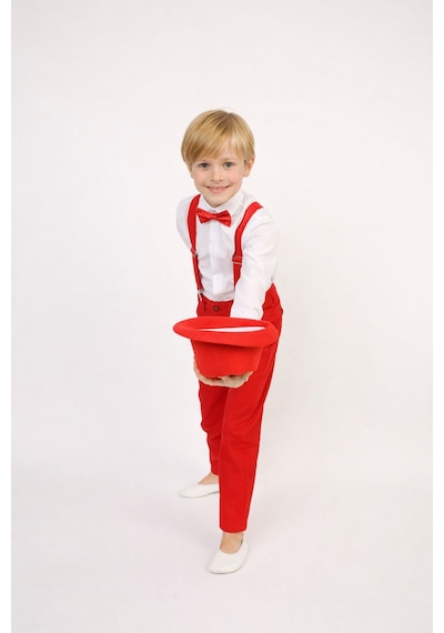 Dıgıl Kids Erkek Çocuk Takım Askı Papyon Gömlek Pantalon Beyaz - Kırmızı