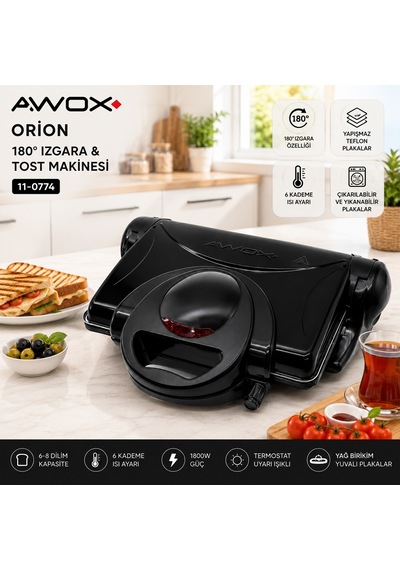 8 Dilim Teflon Elektrikli Tost Makinesi 1800w, 180 Izgara, 6 Kademe Isı