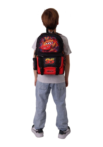 Kaukko Kids Dört Bölmeli Erkek Çocuk Yarış Arabası Baskılı Kırmızı - Siyah Okul Sırt Çantası - L5399