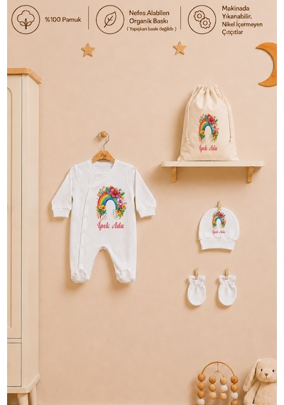 Pia Baby İsme Özel Kız Bebek Tulum %100 Pamuk Organik Baskılı İsimli Bebek Tulumu Ham Bez Kıyafet Kesesi Bebek Hediye Seti 1005tk3x Ekru