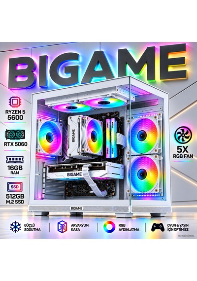 Bigame ZEUS-V1 R5-5600 16 GB 512 GB M2 SSD RTX5060 Free Dos Masaüstü Oyuncu Bilgisayarı