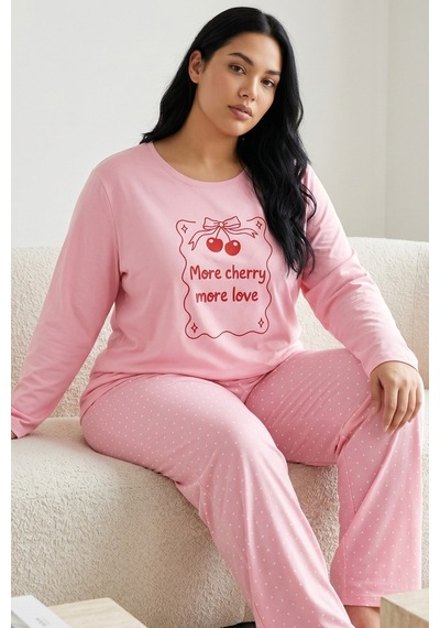 Siyah İnci Pamuklu Likralı Büyük Beden Battal Boy Örme Pijama Takım 26240887 Pembe