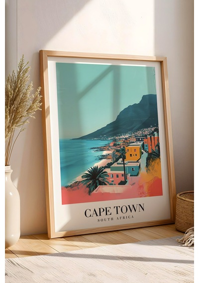 Cape Town South Africa Vintage Seyahat Posteri Çerçeveli Tablo - Premium Masa Dağı Duvar Dekoru Kayın