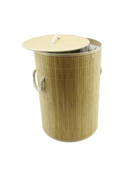 Yuvarlak Bambu Ahşap Kirli Çamaşır Sepeti 35x60cm Seyyar Kapaklı İçi Bezli İp Kulplu 5468 Varsoph
