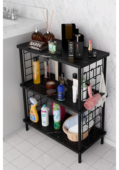 3raflı Telli Çevir Kur Çok Amaçlı Banyo Rafı Dolabı Metal Gövdeli Organizer Düzenleyici Saklama Rafı Siyah