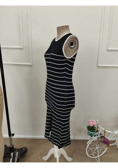 Efnaz Style Kadın Askılı Yuvarlak Yaka Şerit Detaylı Yırtmaçlı Midi Triko Elbise Siyah