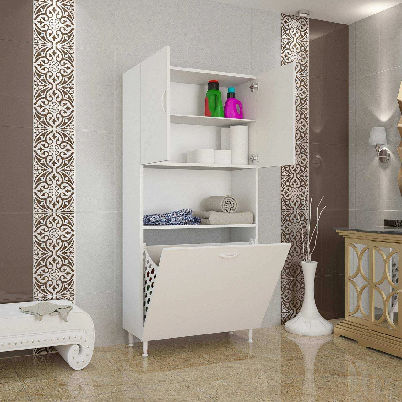 Bella Kirli Çamaşır Sepetli Çok Amaçlı Dolap Banyo Dolabı 75x160x32,5 Cm Beyaz