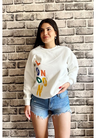 Beyaz Renk London Baskılı 3 İplik Unisex Sweatshirt Beyaz