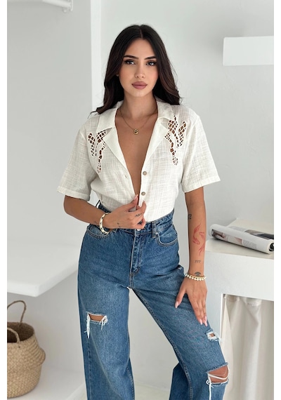 Asprin Fashion Omzu Dantel Detaylı Gömlek Beyaz