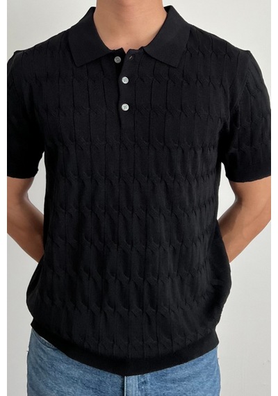 Tarz Cool Erkek İnce Saç Örgülü Düğmeli Slim Fit Polo Yaka Triko T-shirt Siyah