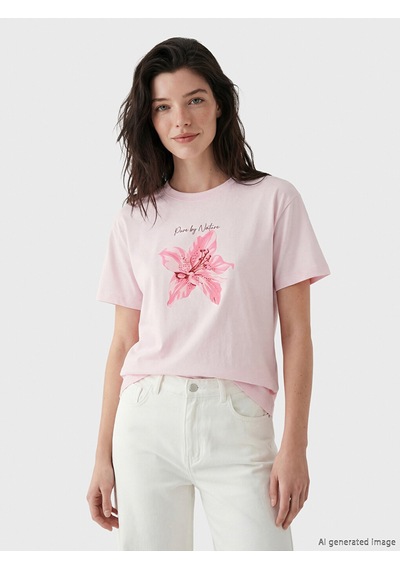 Lcw Comfort Pembe Çiçek Baskılı %100 Pamuklu Kadın Tişört